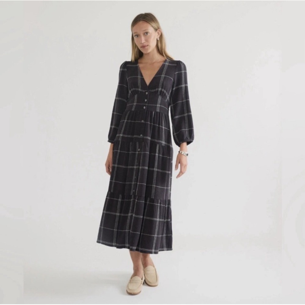 NEW Marine Layer Maeve Maxi Dress Women Medium Black Windowpane Plaid Boho Fall